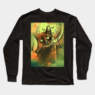 Halloween Spooky Black Cat Surrounded by Dead Trees, Bats and Large Moon Long Sleeve T-Shirt